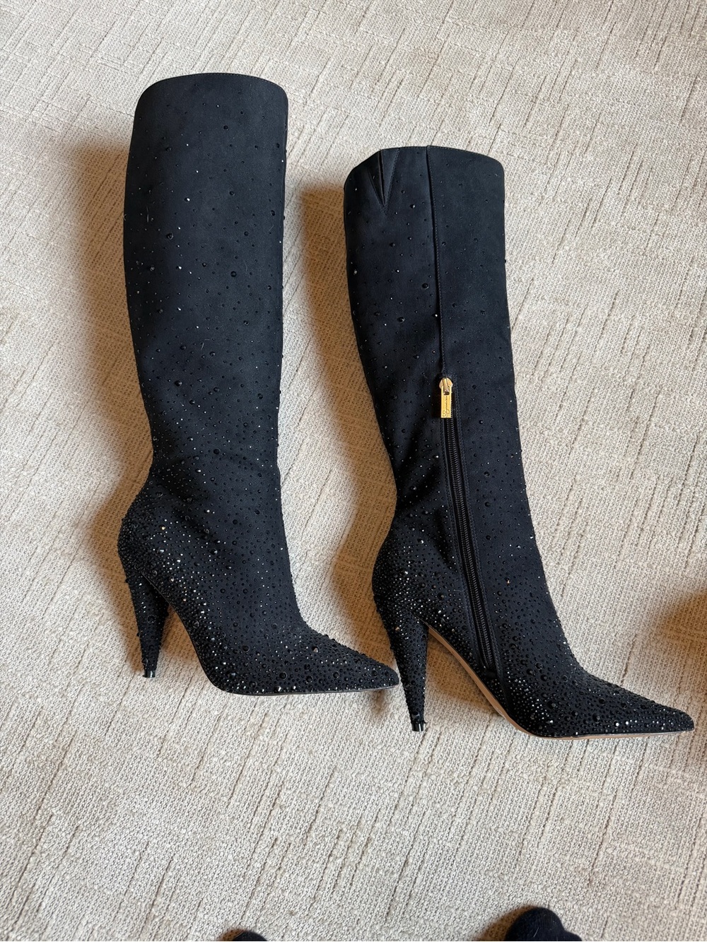 Jessica Simpson Black Knee-High Stiletto Boots with Sparkling Accents